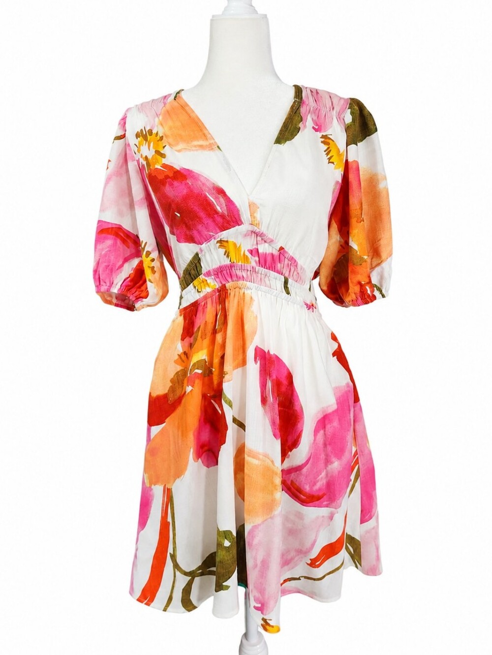 White Closet Elements Floral Linen Blend Puff Sleeve Mini Dress M Boho
